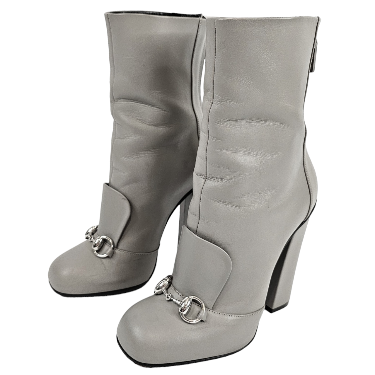 Gucci Grey Leather Marmont Ankle Boots Horsebit Charm POSHBAR